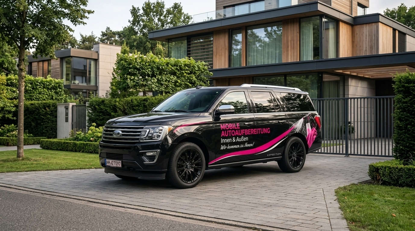 Der MASSO Ford Expedition als mobile Aufbereitungsstation vor einem Wohnhaus
