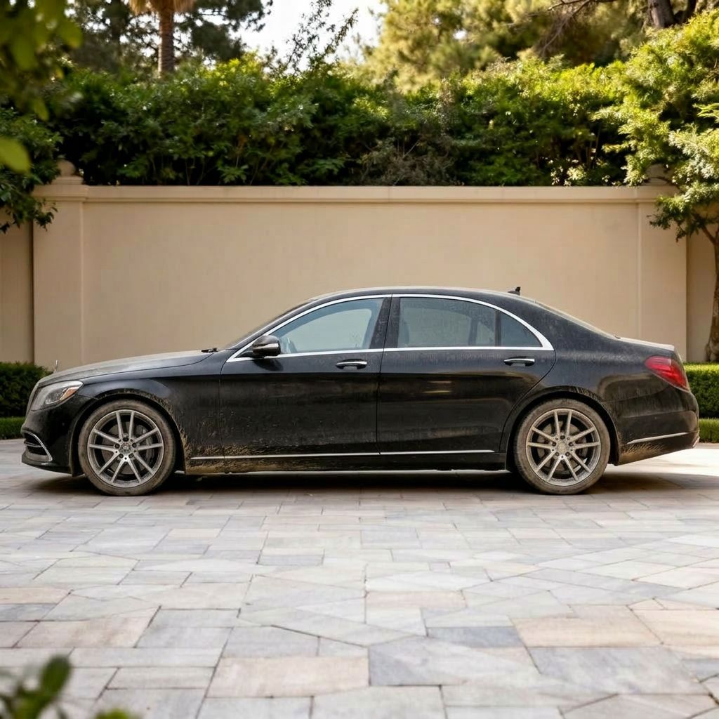 Schwarzer Mercedes vor der Lackaufbereitung – Vorher