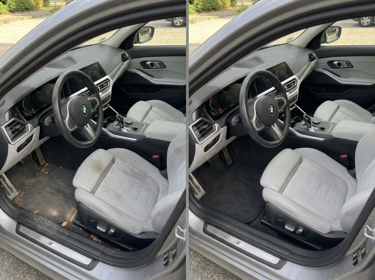 Vorher-Nachher Vergleich einer BMW Innenraumaufbereitung mit Alcantara-Sitzen in Hamburg