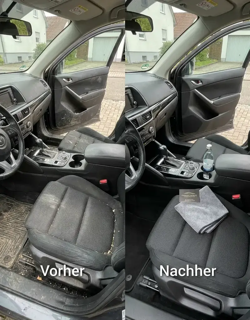 Vorher-Nachher Vergleich von Sitz und Türbereich nach einer Autoaufbereitung