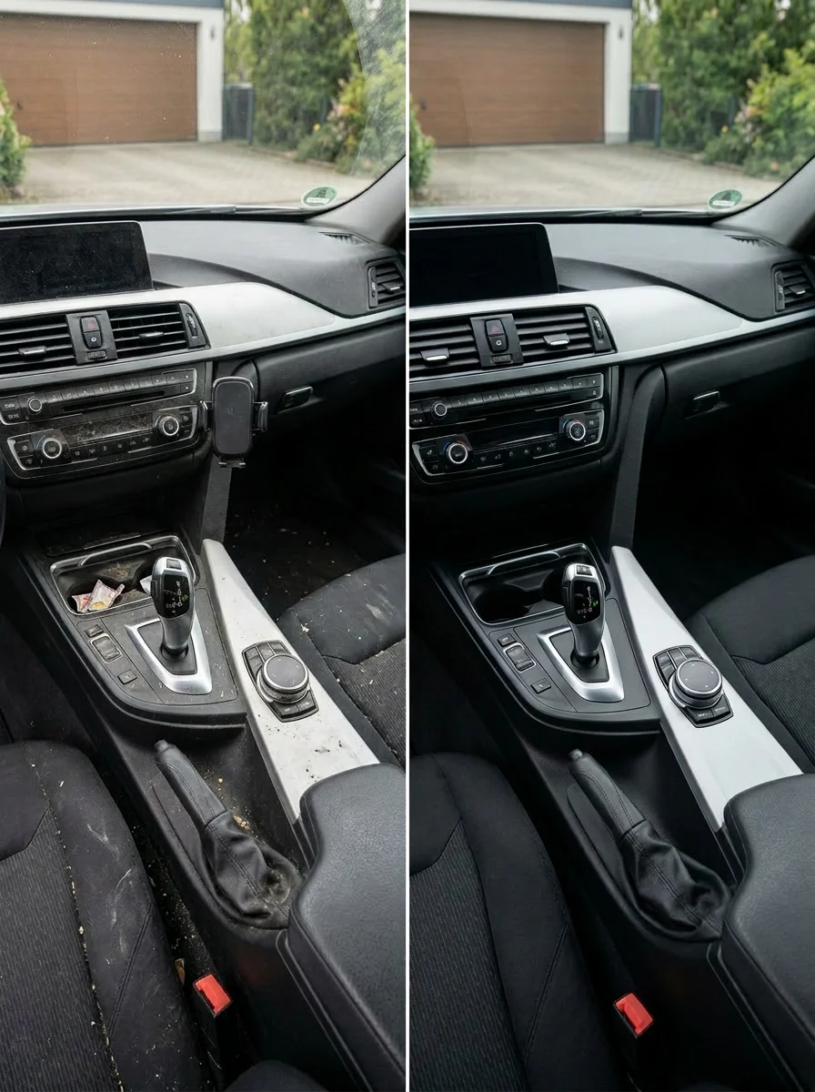Auto Innenraum vorher und nachher nach professioneller Innenreinigung in Hamburg