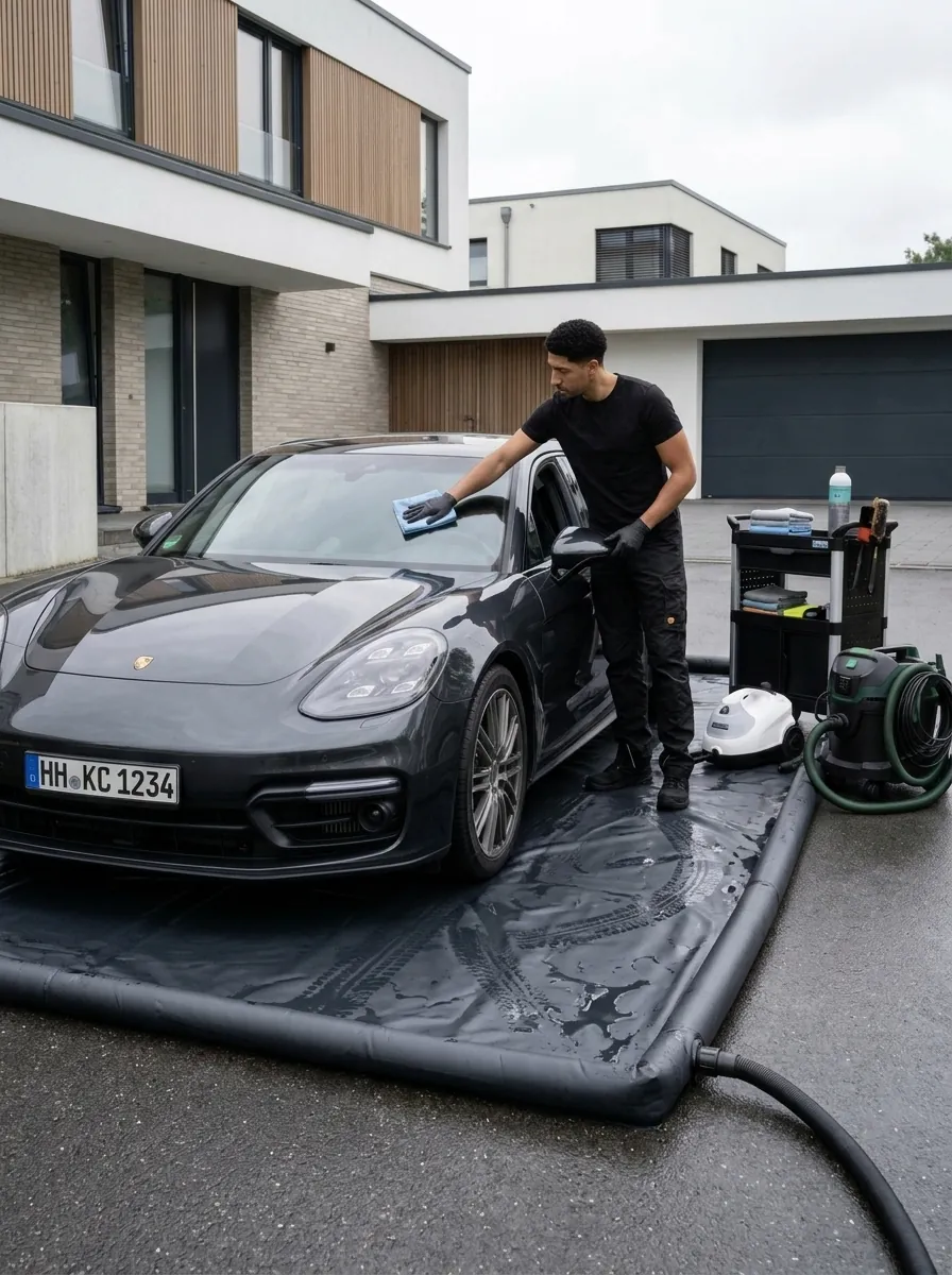 Mobile Außenreinigung eines Fahrzeugs auf einer Waschmatte mit Abpumpsystem in Hamburg